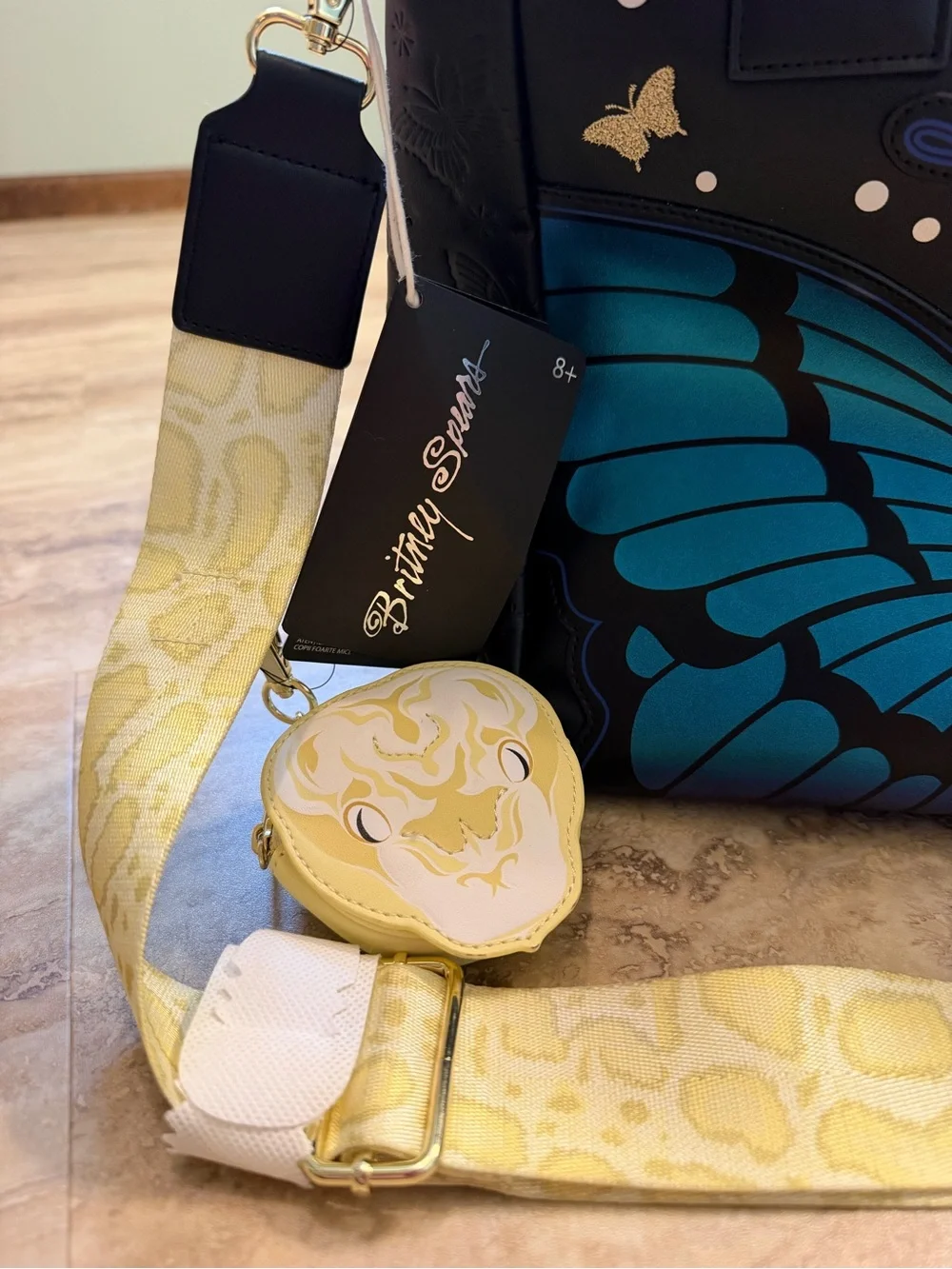Loungefly Black Tote with Blue & Purple Butterfly Accents and Yellow Strap